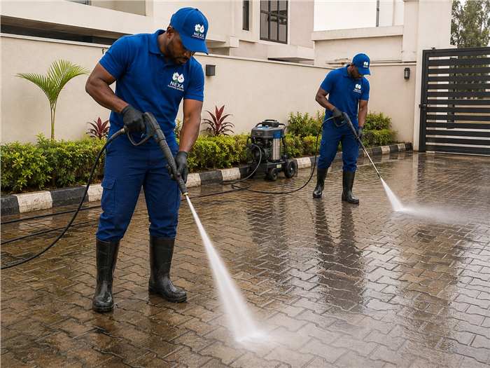 Nexa team pressure washing an outdoor surface